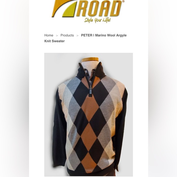 ROAD sz L Men's colorful 100% Wool Argyle 1/4 Zip-Up wool blend Sweater